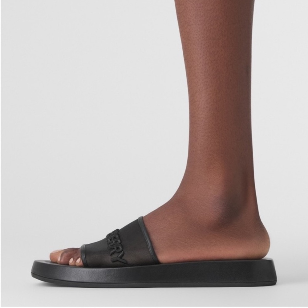 Burberry ‘Buckingham’ Mesh & Leather Logo Slides - Picture 2 of 14